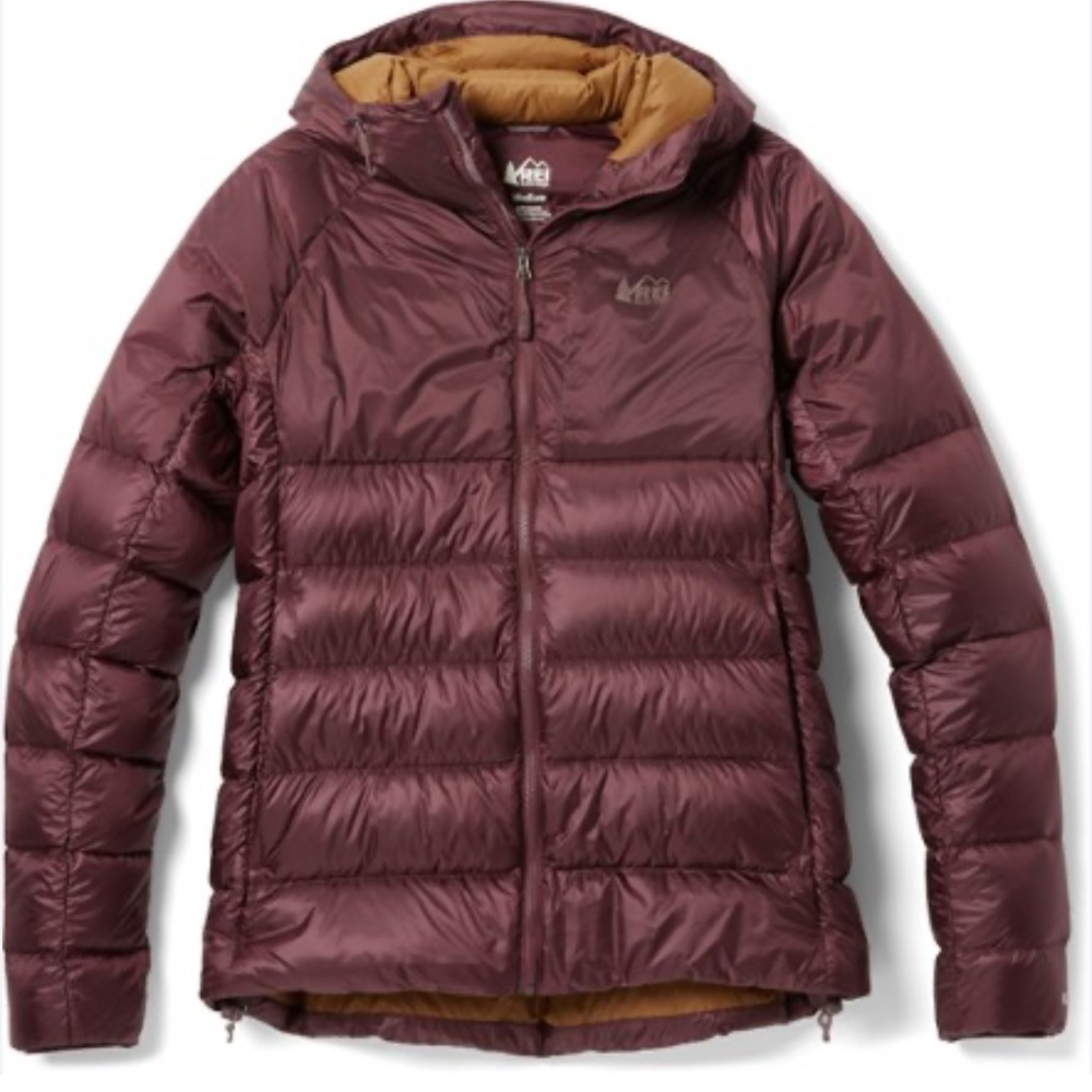 REI CO-OP WOMEN’S STRATOCLOUD DOWN HOODED PUFFER JACKET BURGUNDY XS